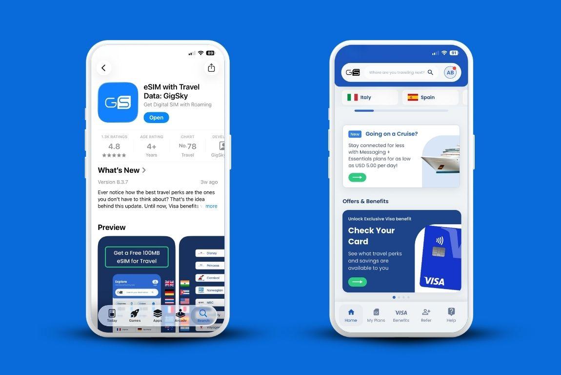 GigSky App Two smartphones displaying the GigSky App Store listing and GigSky app home screen on a blue background.