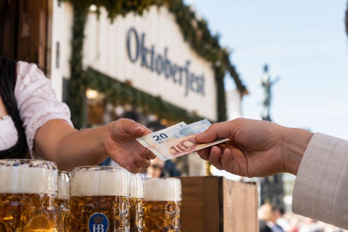 A customer paying with euro banknotes for beers at an Oktoberfest beer tent in Munich, Germany.