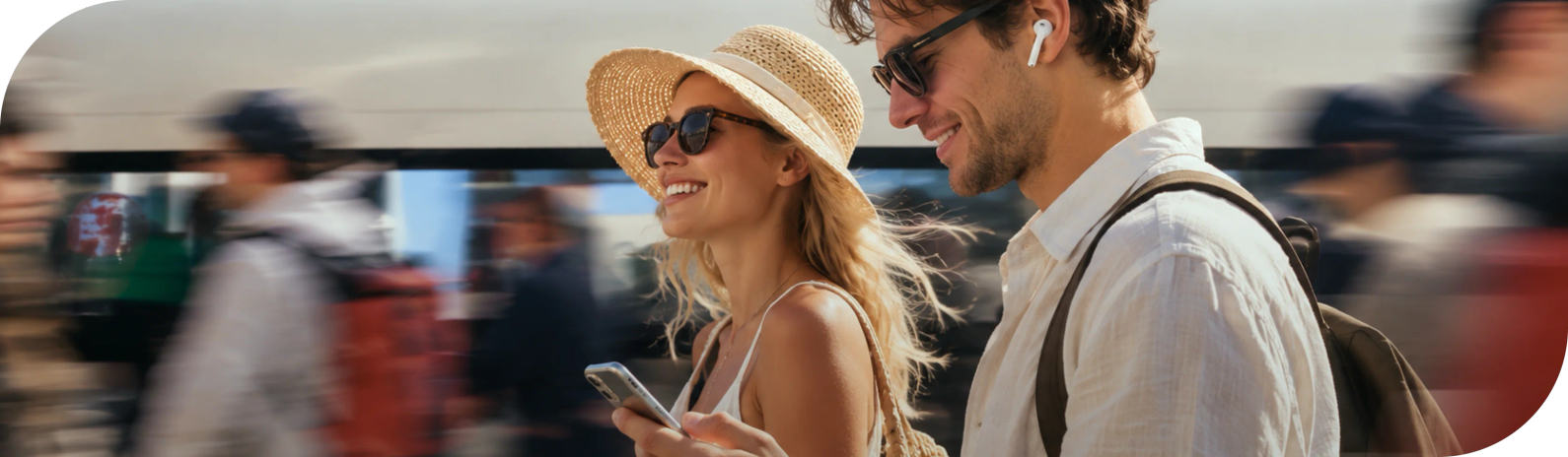 A smiling couple checking their phone at a busy transit station while traveling