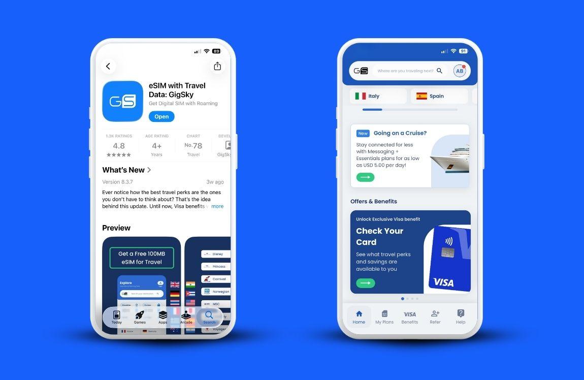 Two smartphones showing the GigSky eSIM App Store listing and the GigSky app home screen with cruise plans and Visa benefits.