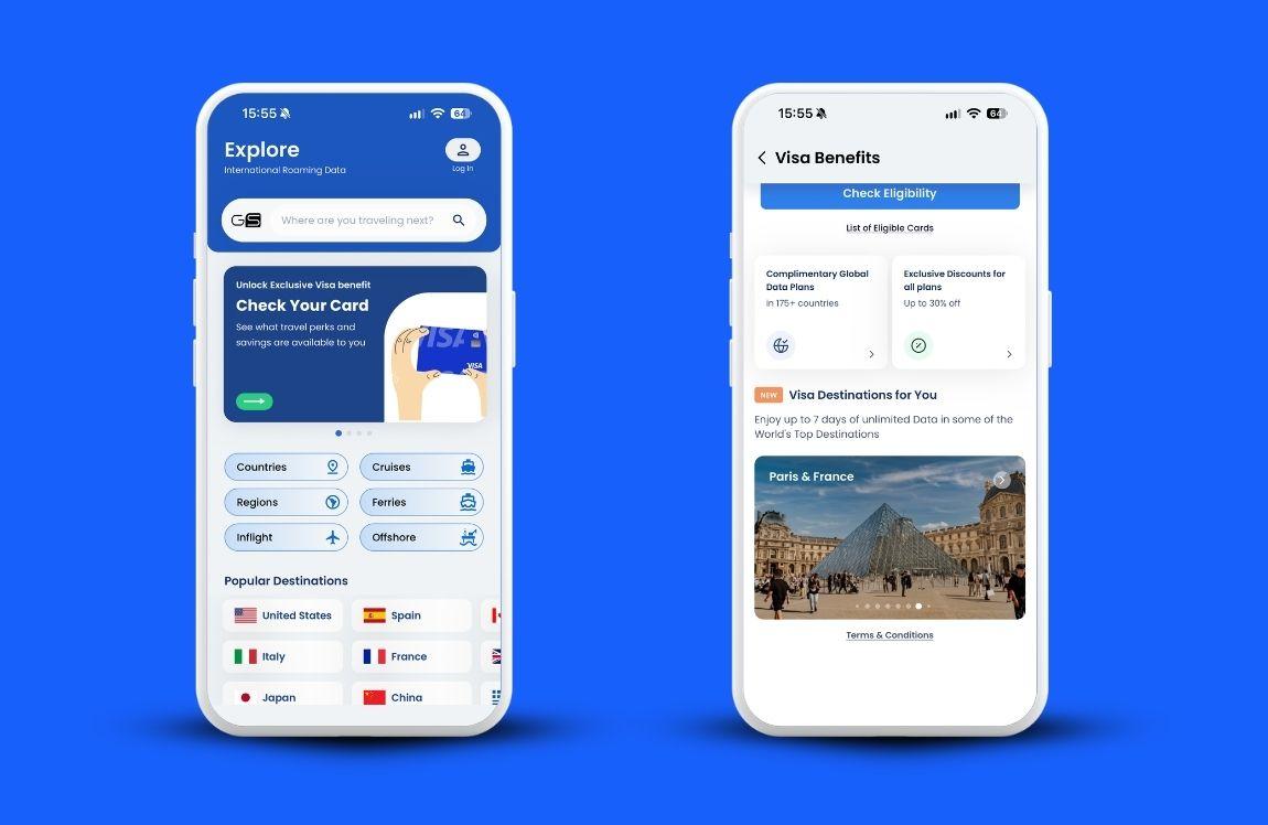 Two smartphones displaying the GigSky app's home screen and Visa Benefits page, showing how travelers can check their Visa card eligibility for complimentary eSIM data plans.