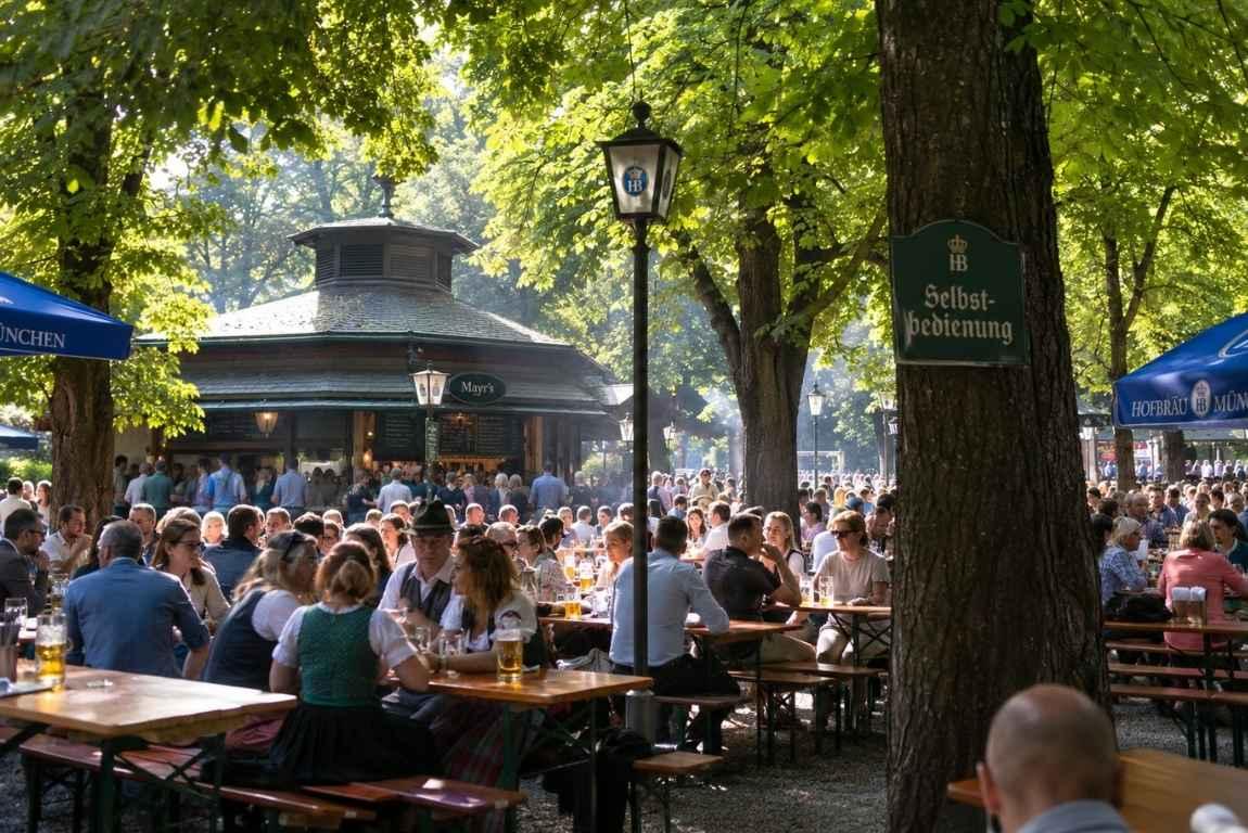Crowds enjoying beer at outdoor tables beneath leafy trees at a traditional Hofbräu beer garden in Munich.