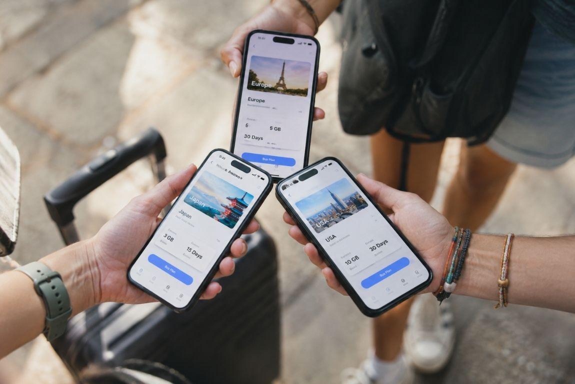 Three travelers holding smartphones displaying eSIM data plans for Europe, Japan, and the USA beside their luggage.