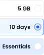 Mockup of a data plan selector showing 5GB, 10 days, and Essentials options