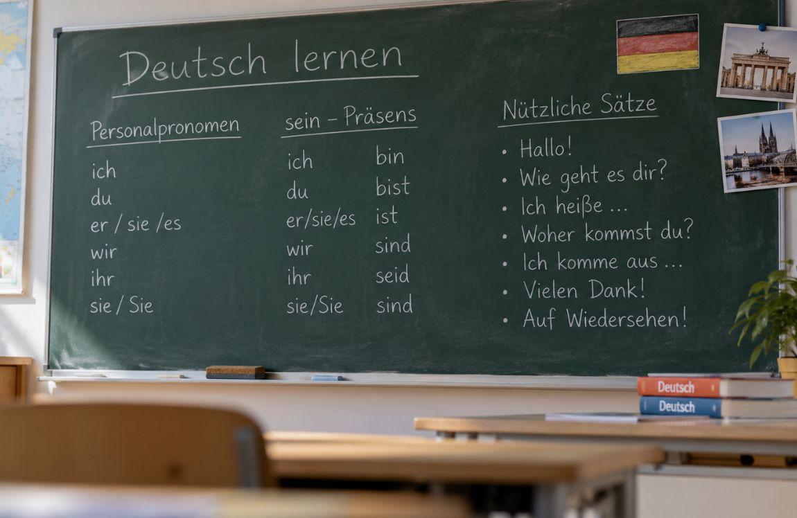 German language classroom with a chalkboard displaying basic German pronouns, verbs, and useful phrases.