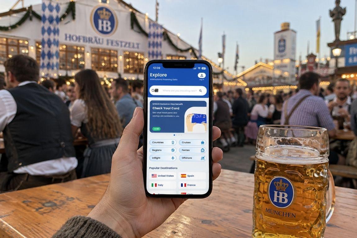 Traveler holding a phone with the GigSky app open at Oktoberfest in Munich, with a Hofbräu beer and festival crowds in the background.