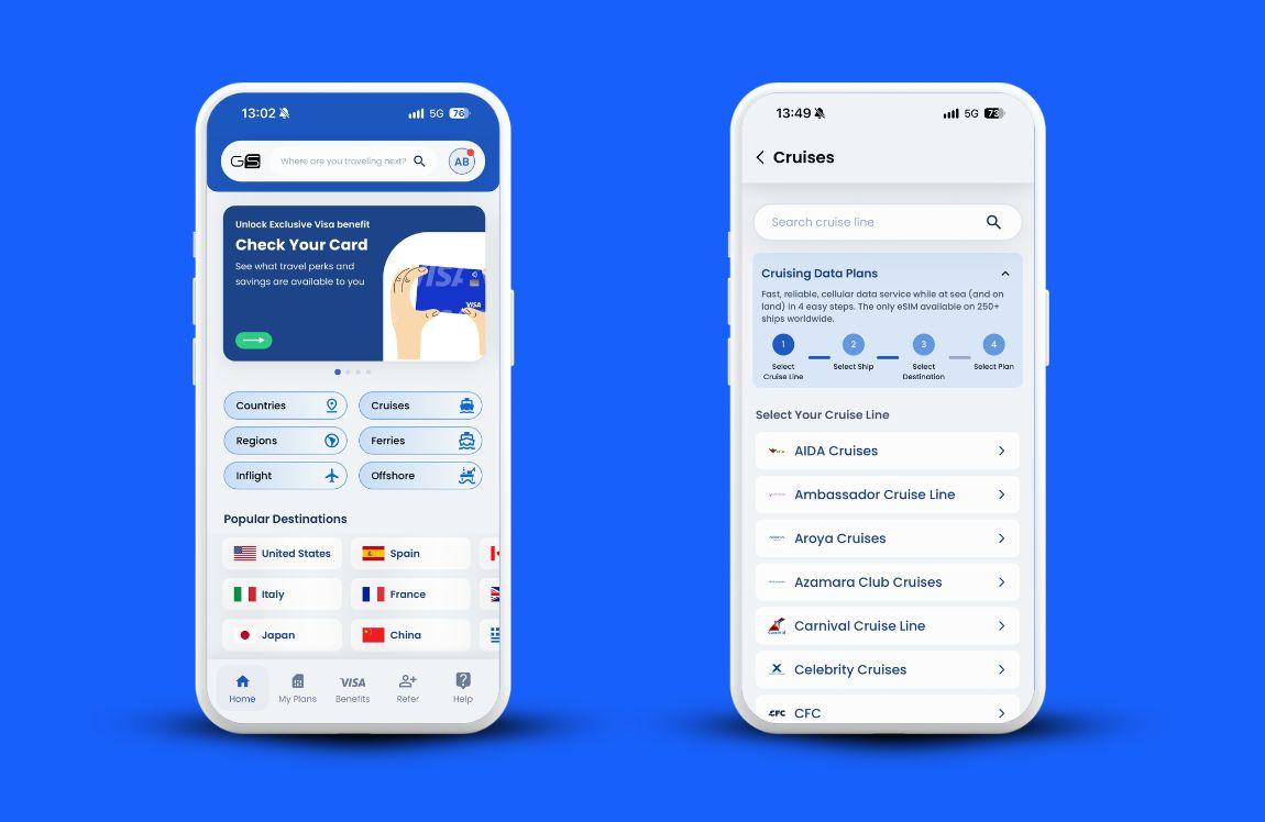 Two smartphones displaying the GigSky eSIM app, showing the home screen and a list of cruise lines available for cruise eSIM plans.