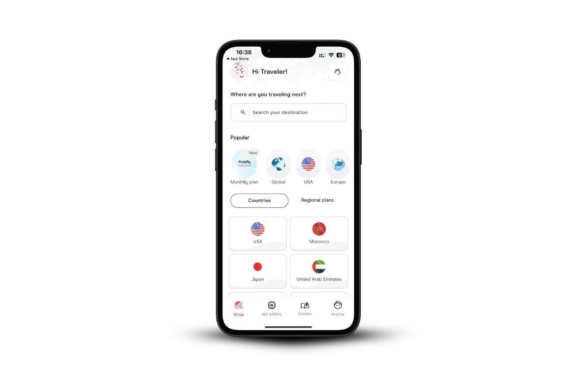 Smartphone displaying the Holafly app homepage with a destination search bar, popular destinations, and eSIM plans for different countries.