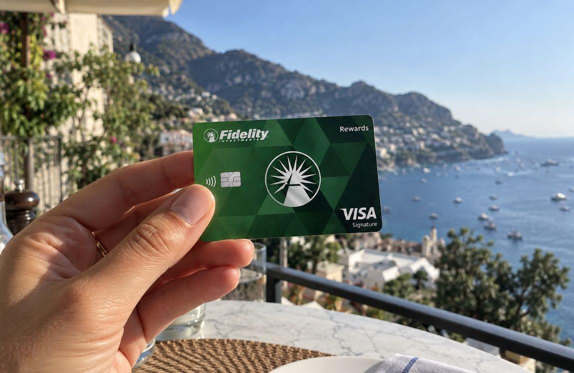 Hand holding a green Fidelity Rewards Visa Signature card overlooking a sunny coastal town and blue sea.