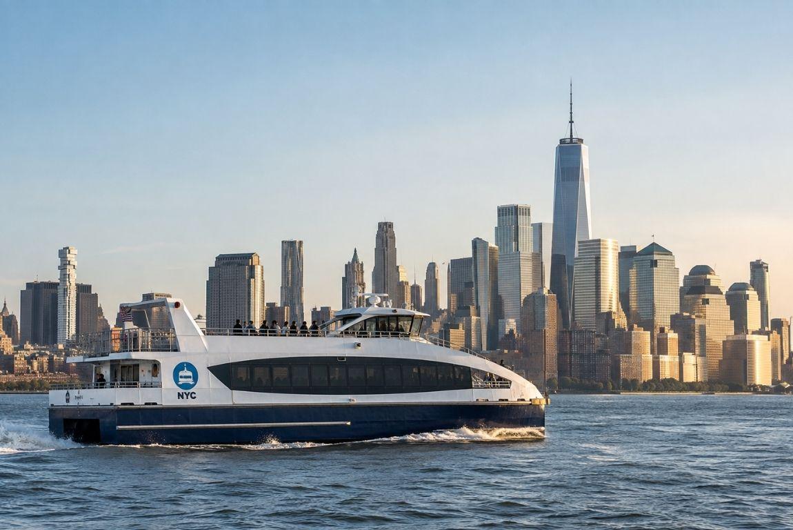 NYC Ferry sailing across the water with the Lower Manhattan skyline and One World Trade Center in the background.