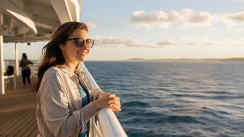 Traveler on a cruise ship deck looking out at the ocean