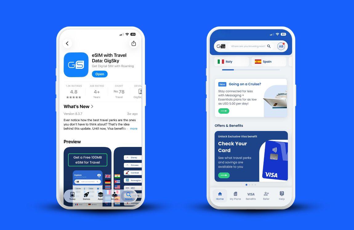 Two smartphones on a blue background showing the GigSky eSIM app in the App Store and the GigSky app home screen.