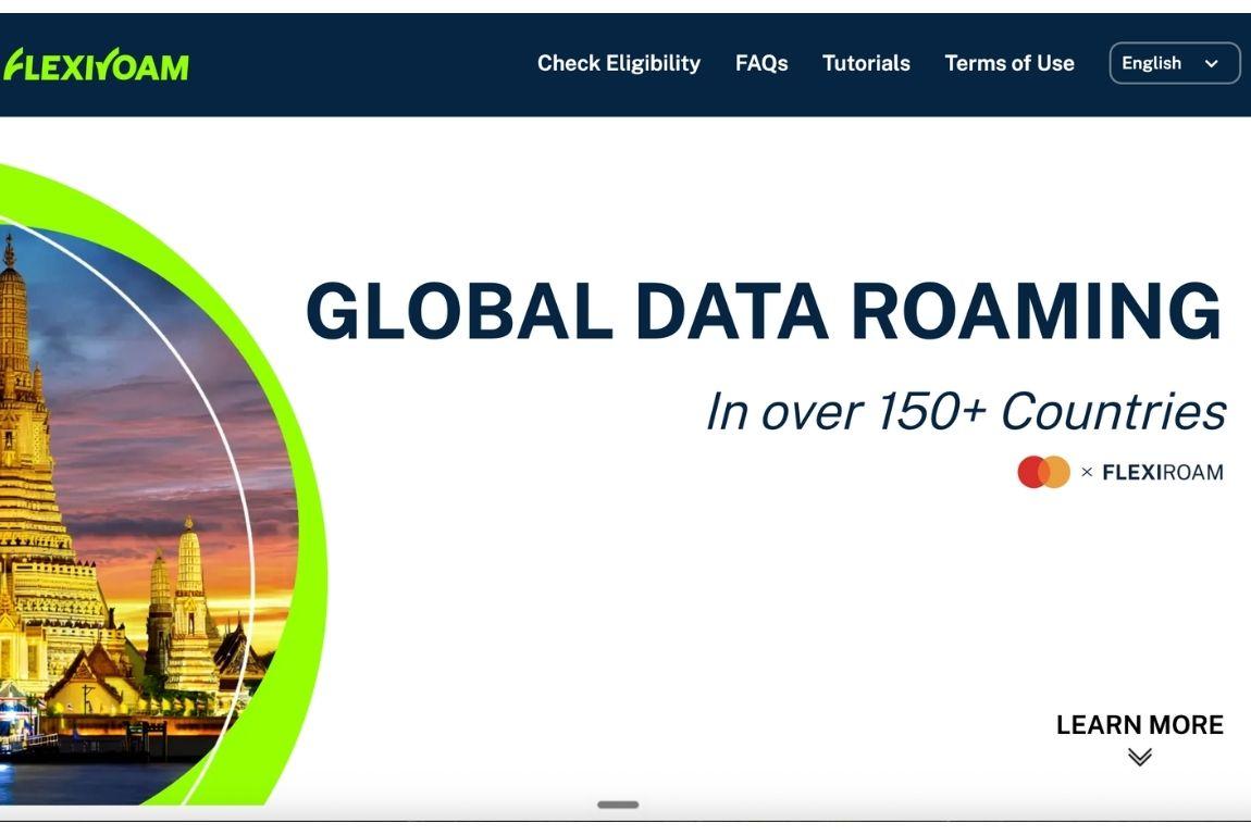 FlexiRoam webpage promoting global data roaming in over 150 countries through its partnership with Mastercard.