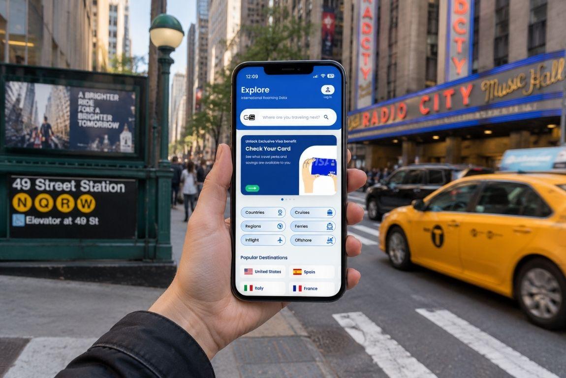 Traveler holding a phone with the GigSky app open near Radio City Music Hall and a subway station in New York City.