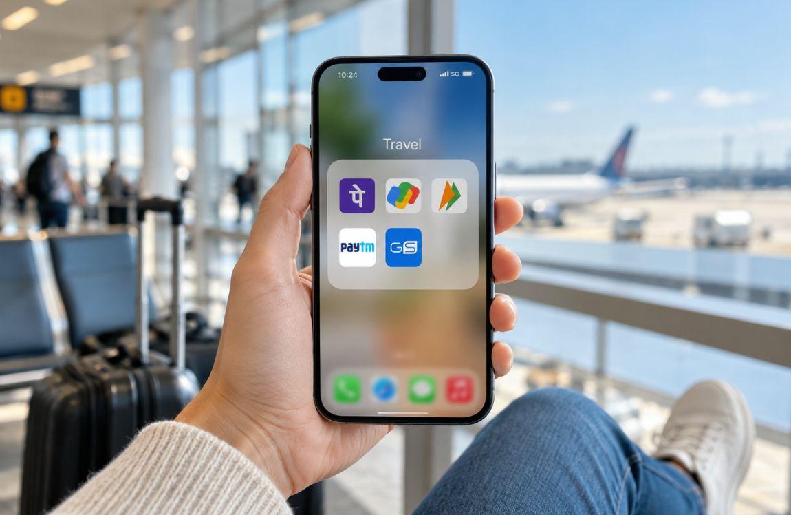 Hand holding an iPhone at an airport, displaying a folder of travel apps, including PhonePe, Google Pay, Paytm, and GigSky, with an airplane in the background.