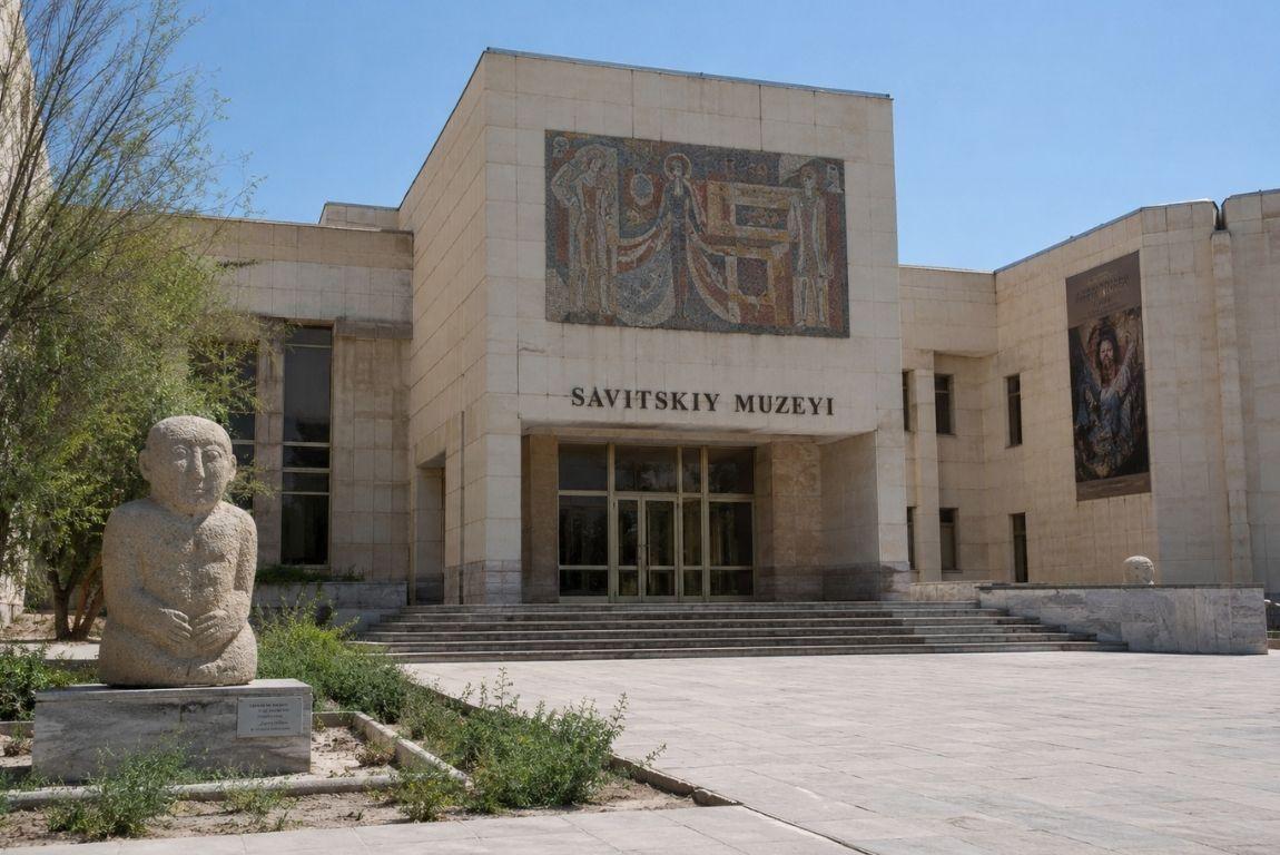 Exterior of the Savitsky Museum in Nukus, Uzbekistan, featuring stone sculptures and mosaic artwork above the entrance.
