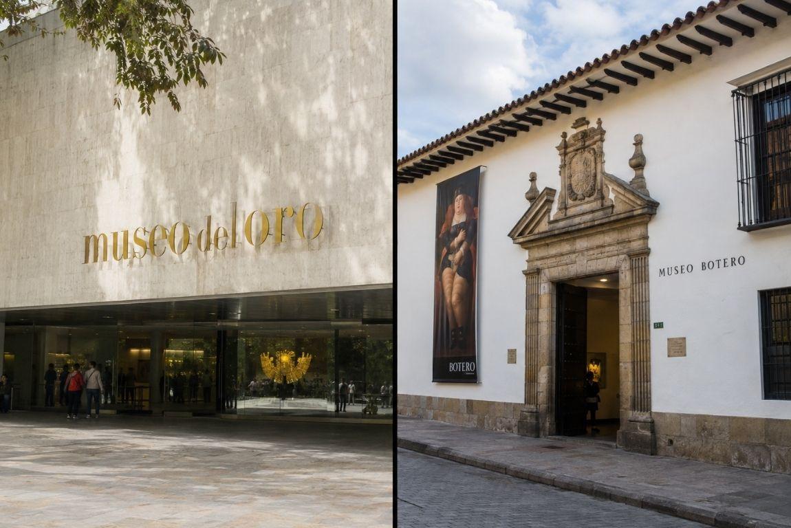 Museo del Oro and Museo Botero in Bogotá, Colombia, shown side by side with their distinctive museum entrances.