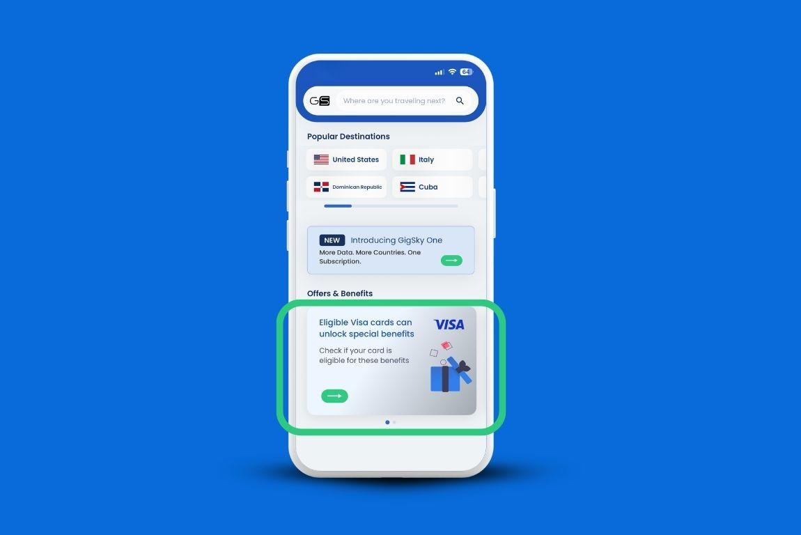 GigSky app showing the Visa benefits section, where eligible Visa cardholders can check available travel benefits.