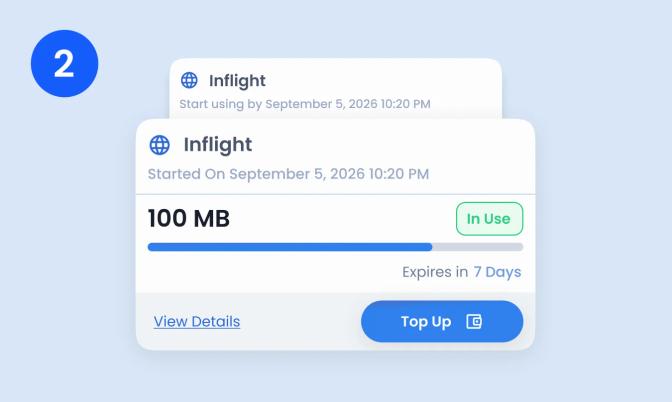 Phone showing an Inflight eSIM data-usage subscription card with data remaining and Top Up button