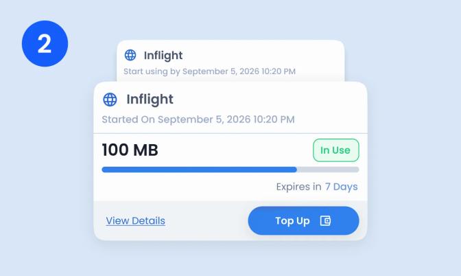 Phone showing an Inflight eSIM data-usage subscription card with data remaining and Top Up button