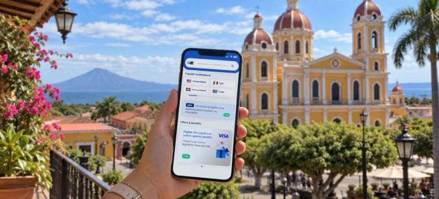 Mão segurando um telefone com o aplicativo GigSky aberto em Granada, Nicarágua, com uma catedral colorida e um vulcão ao fundo.