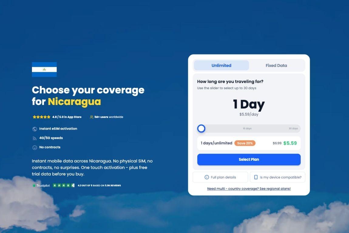 Nicaragua eSIM GigSky Nicaragua eSIM plan page showing unlimited and fixed data options for travelers