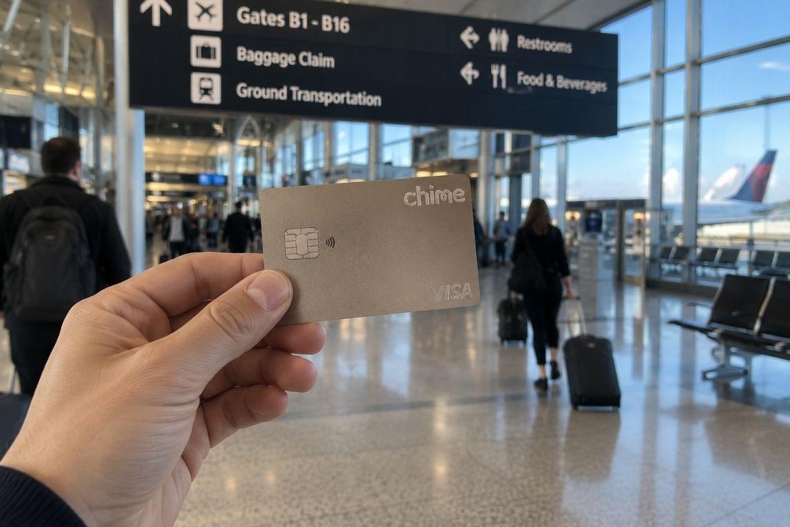 Traveler holding a Chime Visa card inside an airport terminal, with departure gates and passengers in the background.