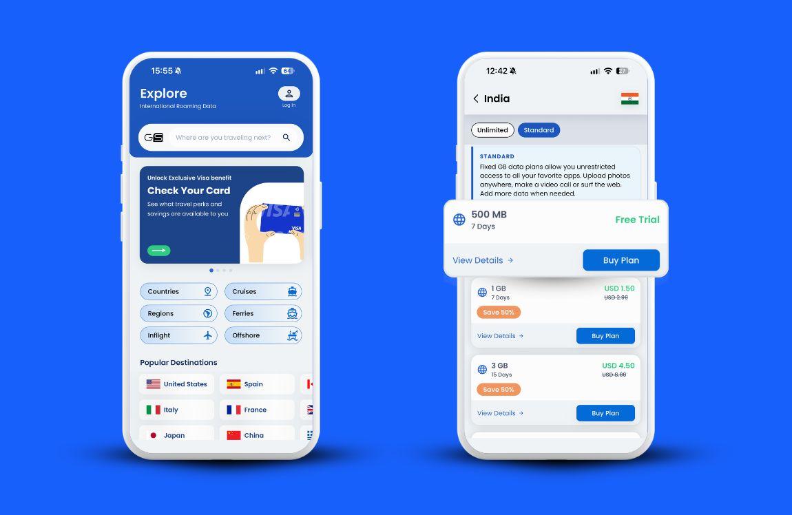 Two iPhones displaying the GigSky app, including the home screen and India eSIM plans with a free 500MB trial for 7 days.