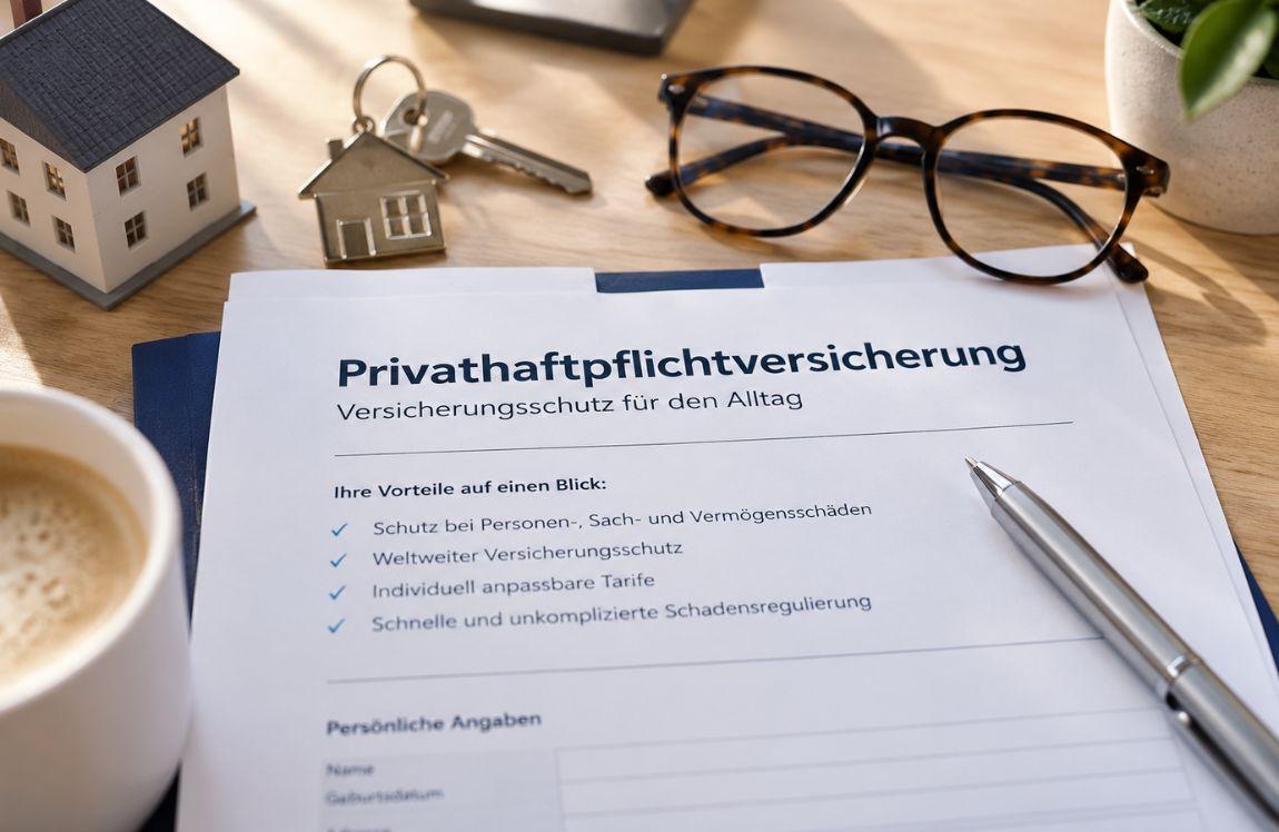 German personal liability insurance documents on a desk with house keys, glasses, a pen, and a model home.