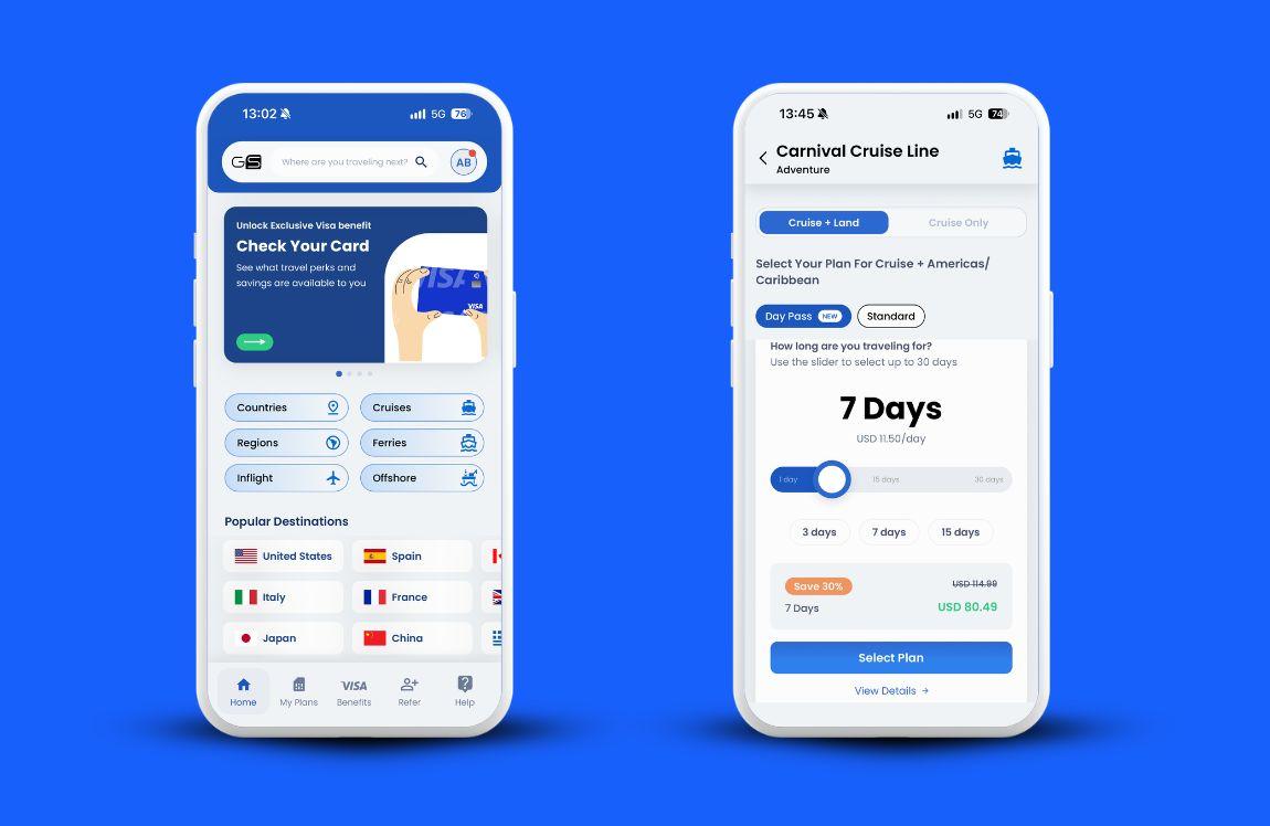 Two smartphones displaying the GigSky app, showing how travelers can select a Carnival Cruise Line eSIM plan with Cruise + Land coverage and flexible Day Pass options.