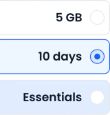 Mockup of a data plan selector showing 5GB, 10 days, and Essentials options