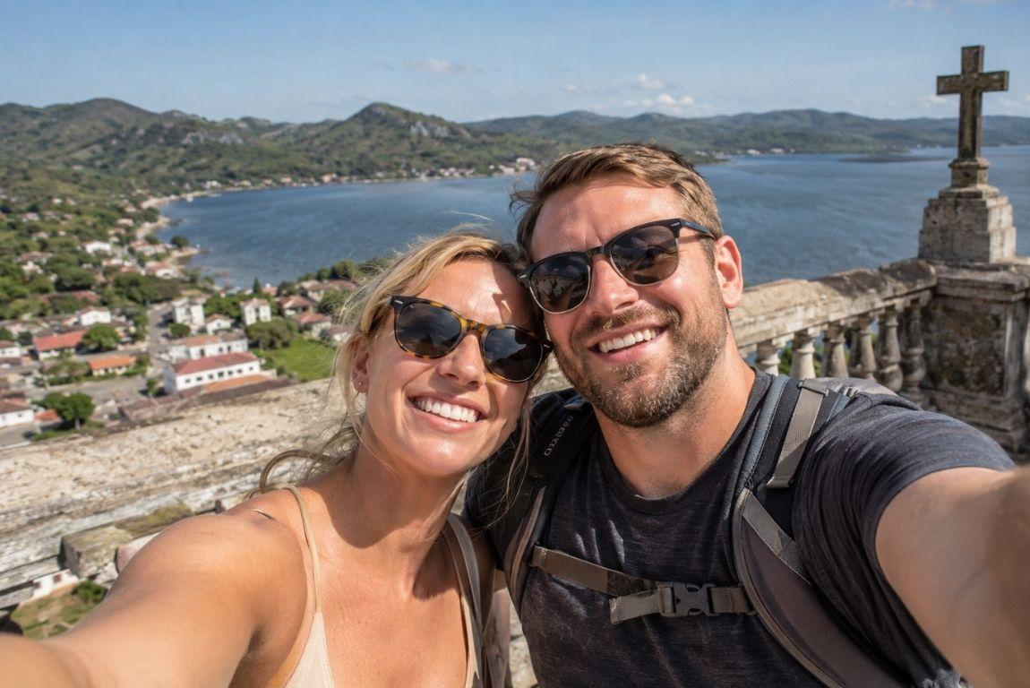 taking a smiling selfie Couple taking a smiling selfie overlooking a scenic lake and mountains while traveling in Nicaragua
