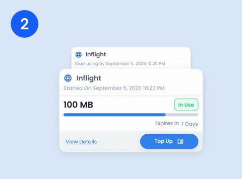Phone showing an Inflight eSIM data-usage subscription card with data remaining and Top Up button