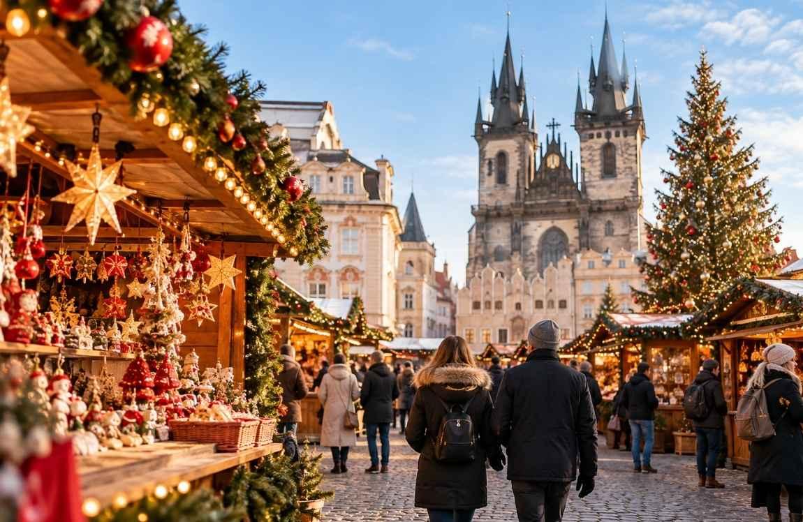 Visitors exploring a European Christmas market in Prague, with festive wooden stalls, Christmas decorations, and the Church of Our Lady before Týn in the background.