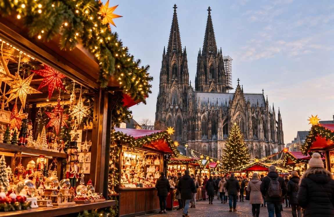 Cologne Christmas market with glowing wooden stalls, Christmas decorations, illuminated trees, and the iconic Cologne Cathedral towering over the festive crowds.