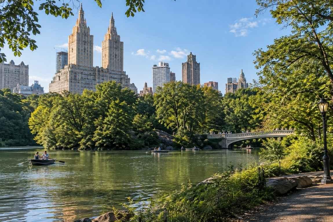 Scenic view of Central Park in New York City, featuring a calm lake with rowboats, lush green trees, a stone bridge, and Manhattan buildings rising above the park under a clear blue sky.