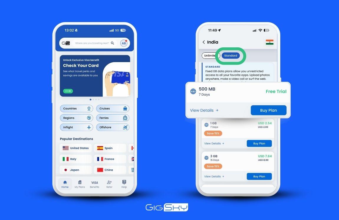 Two smartphones displaying the GigSky app on a blue background. One shows the homepage with travel destinations and eSIM options, while the other highlights a free 500 MB India eSIM trial valid for 7 days.