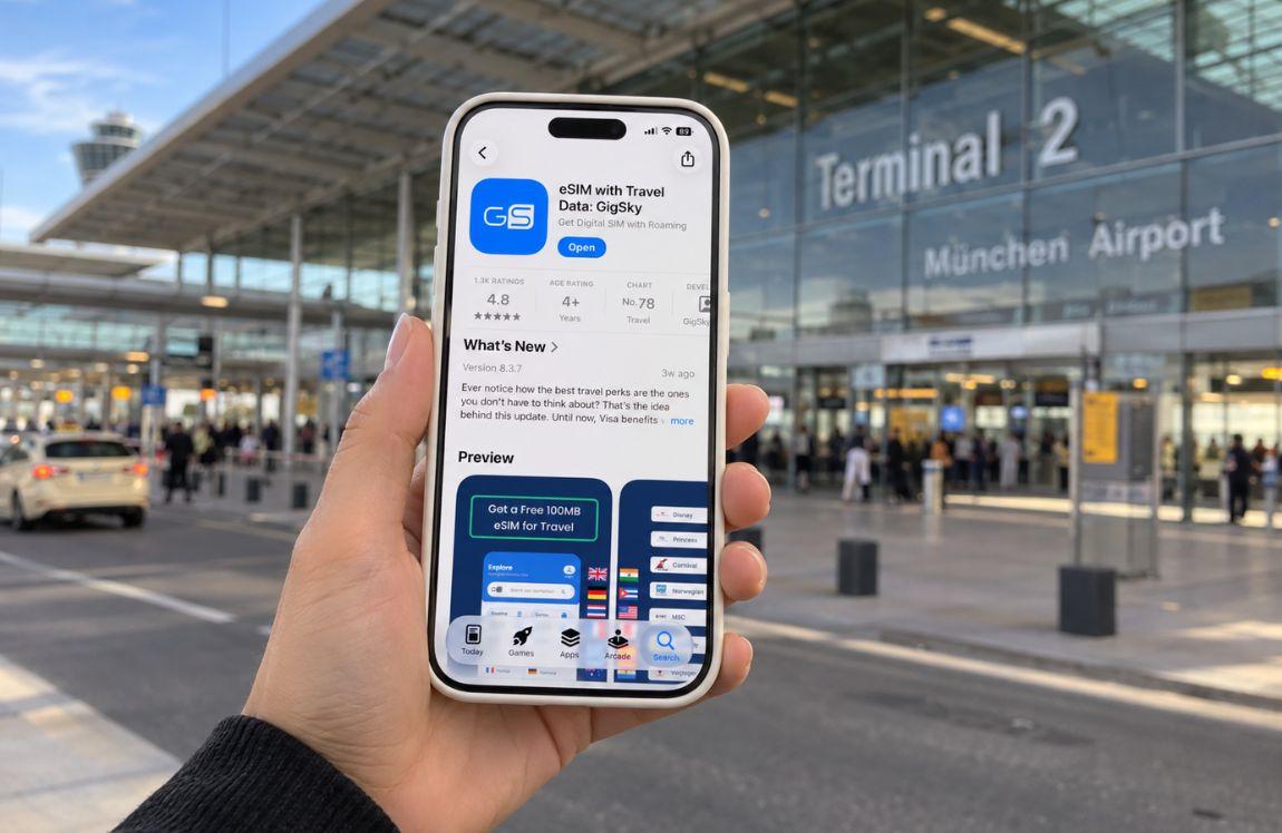 Hand holding a phone with the GigSky eSIM app page outside Munich Airport Terminal 2.