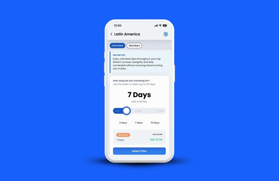 GigSky app showing a 7-day unlimited Latin America eSIM data plan with pricing and plan selection.