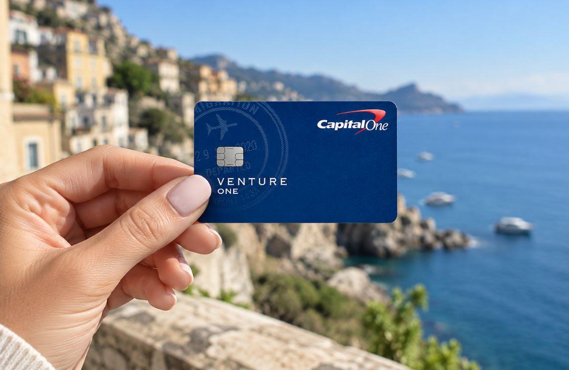 Hand holding a blue Capital One VentureOne card with a scenic Mediterranean coastline in the background.