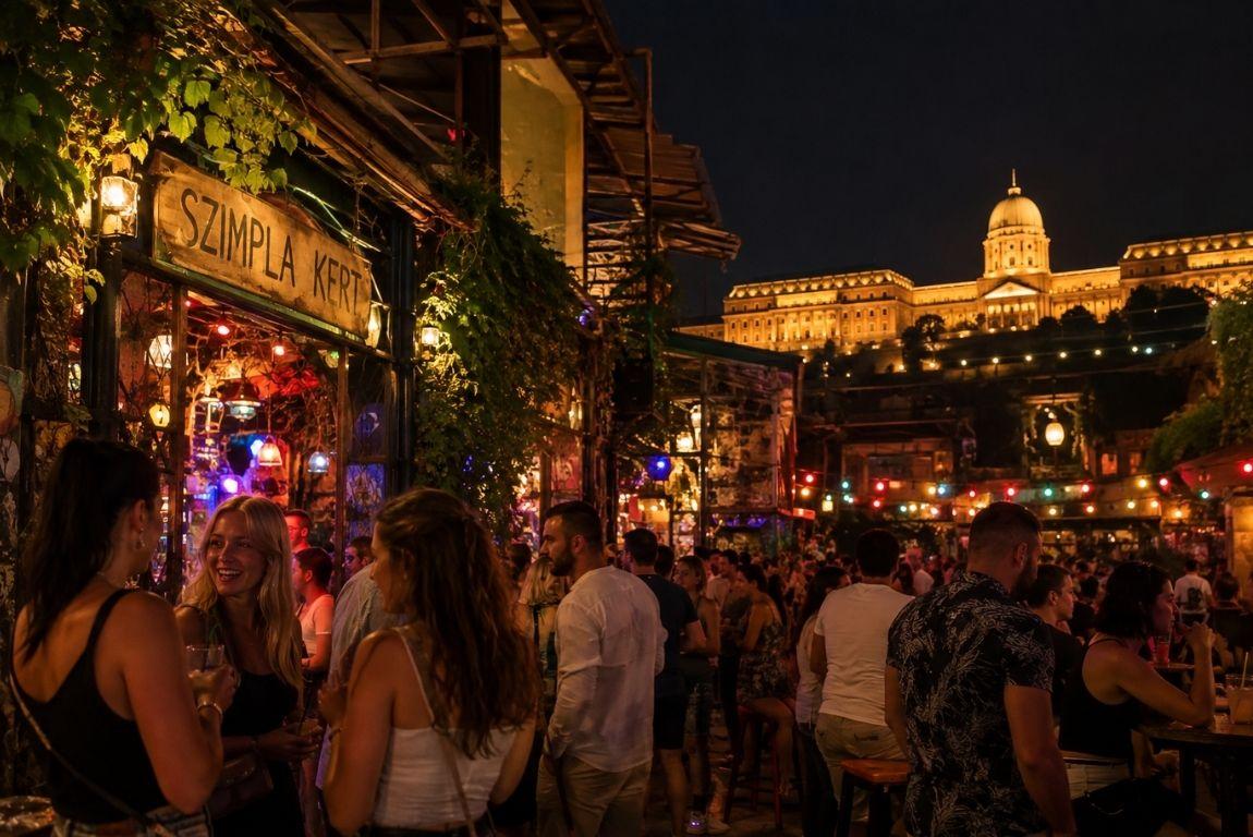 Crowds enjoying nightlife at Szimpla Kert ruin bar in Budapest, with colorful lights and Buda Castle illuminated in the background.