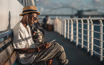 Passenger checking their phone while seated on the outdoor deck of a ferry
