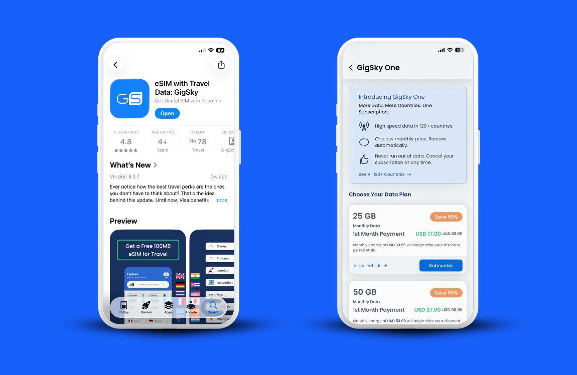 Two smartphones displaying the GigSky app and GigSky One monthly data plans on a blue background.