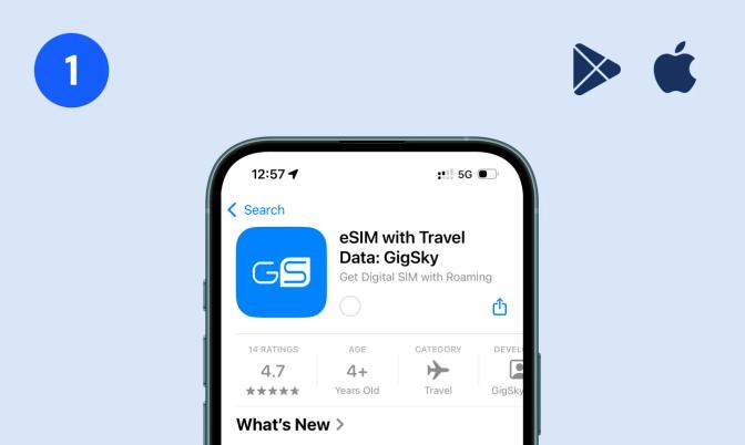 Phone showing the GigSky "eSIM with Travel Data" app store listing beside Google Play and Apple App Store icons
