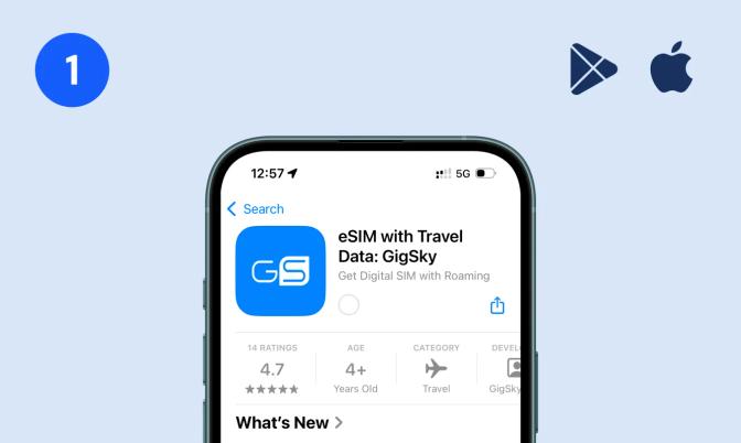 Phone showing the GigSky "eSIM with Travel Data" app store listing beside Google Play and Apple App Store icons