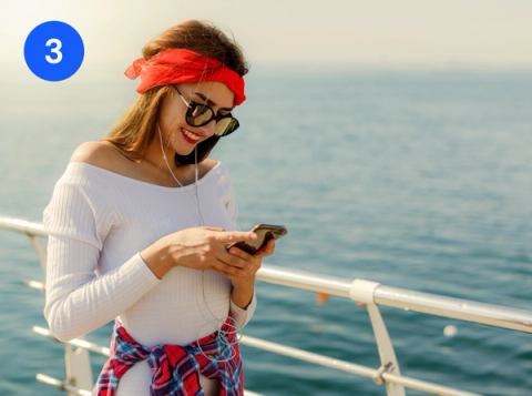 Numbered badge 3 over a photo of a woman checking her phone on a cruise ship deck
