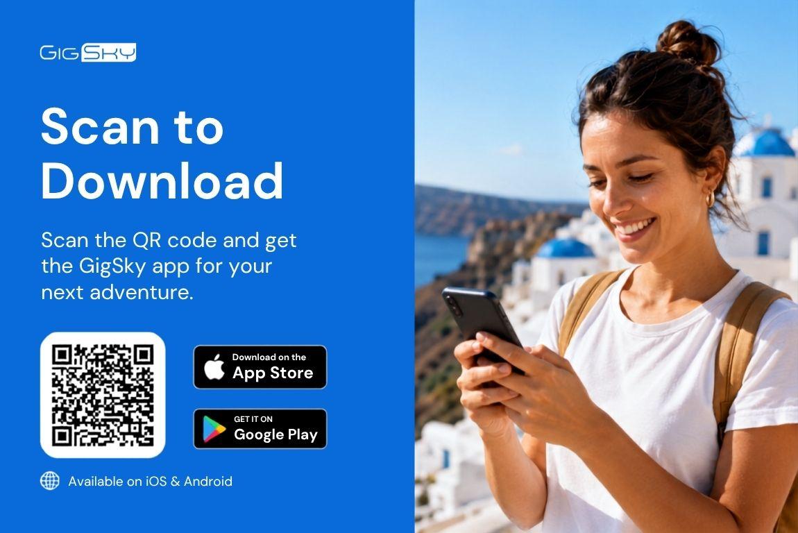 GigSky app download screen with a QR code, App Store and Google Play buttons, alongside a traveler using her phone.