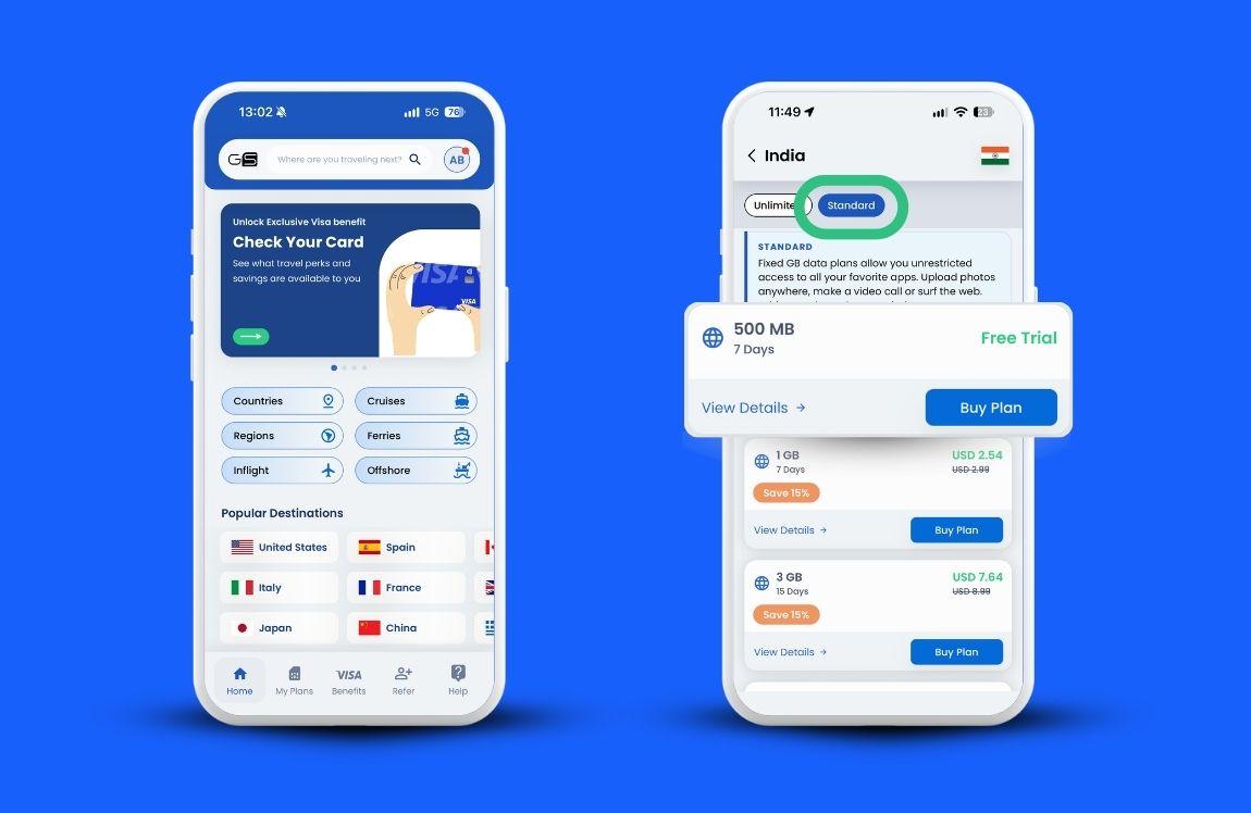 Two smartphones displaying the GigSky app on a blue background. One shows the homepage with travel destinations and eSIM options, while the other highlights a free 500 MB India eSIM trial valid for 7 days.