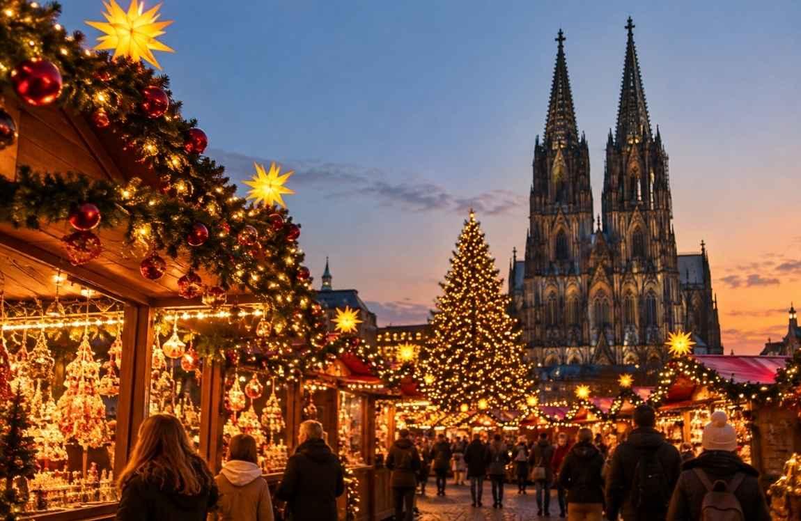 Cologne Christmas market in Germany at dusk, featuring illuminated wooden stalls, a decorated Christmas tree, and Cologne Cathedral in the background.