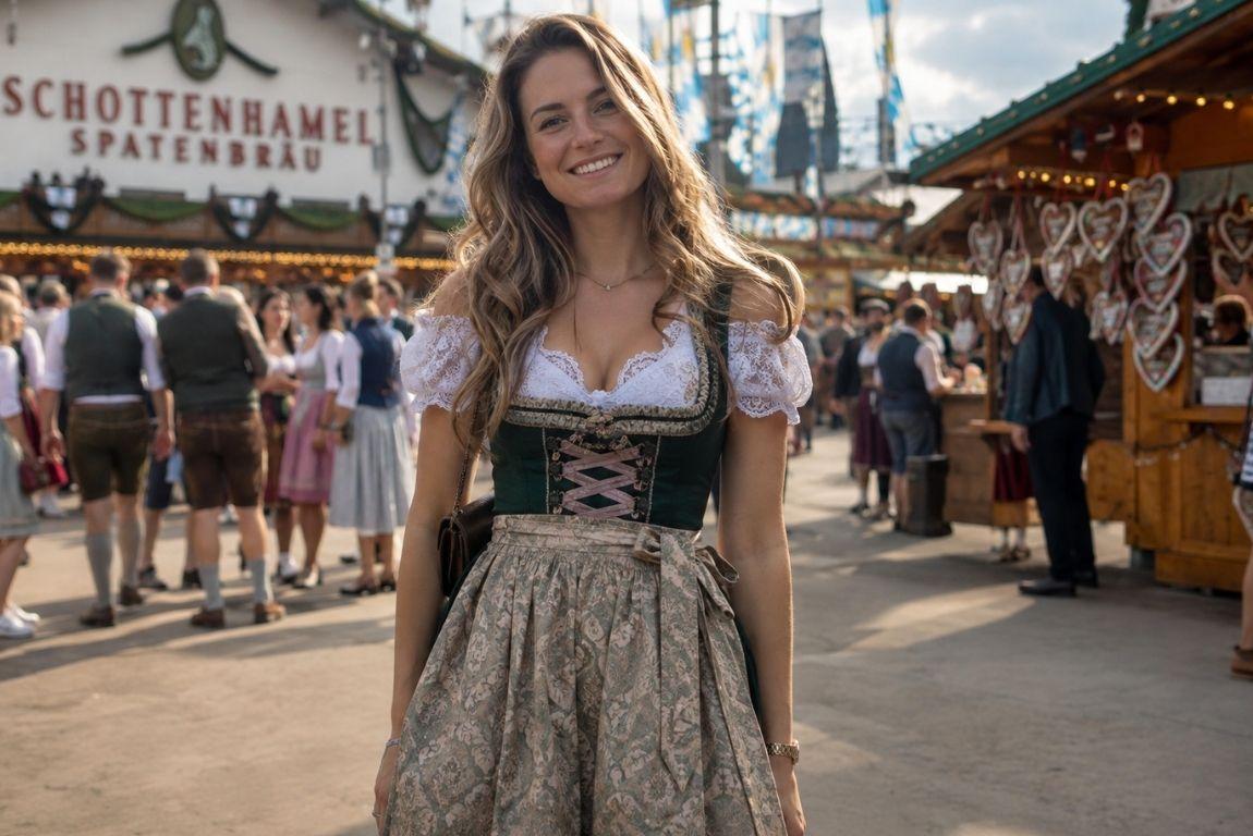 Smiling woman wearing a traditional dirndl at Oktoberfest in Munich, surrounded by festival crowds and beer tents.